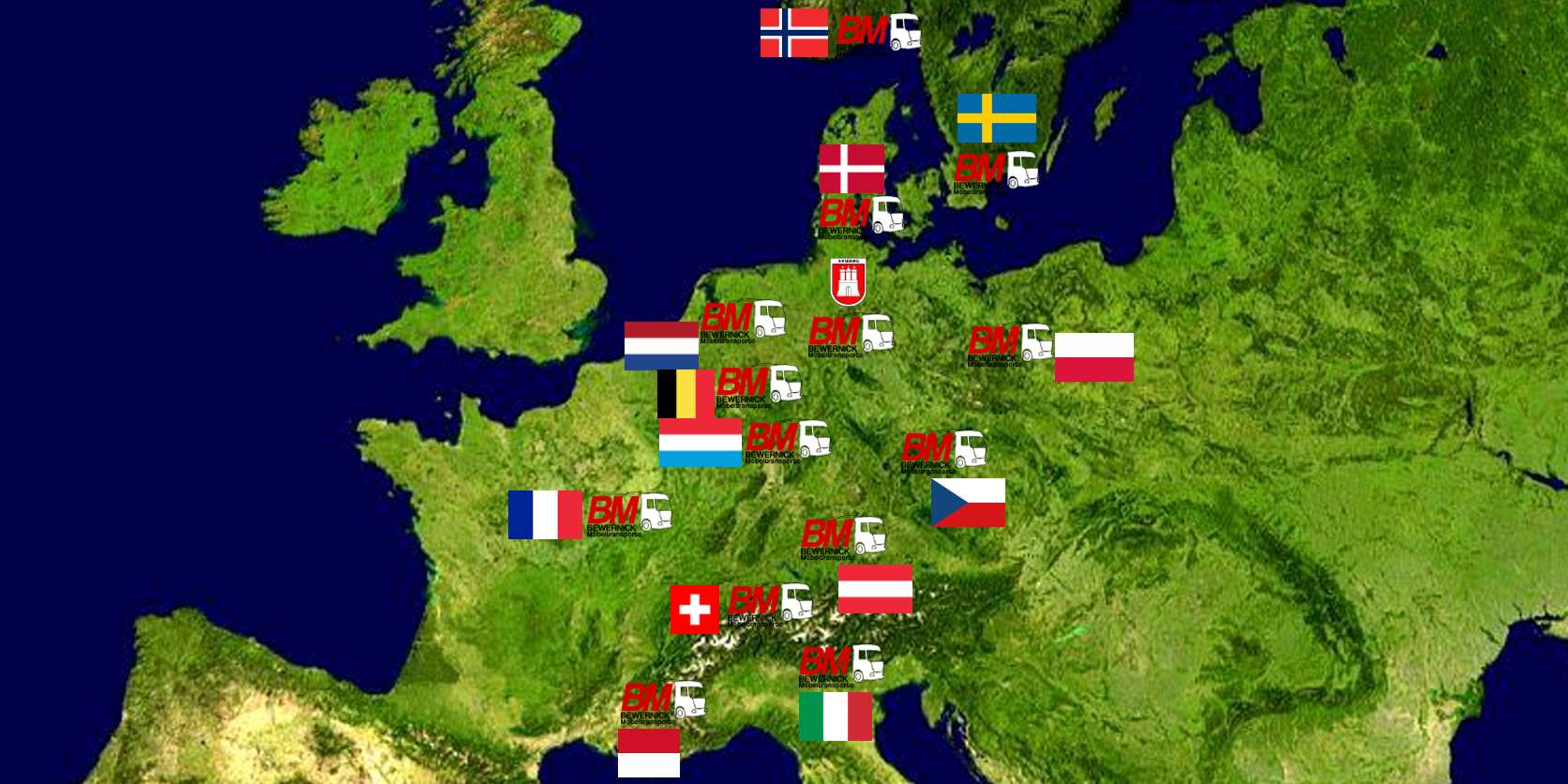 Satellitenaufnahme von Europa; darauf alle Ziellandflaggen